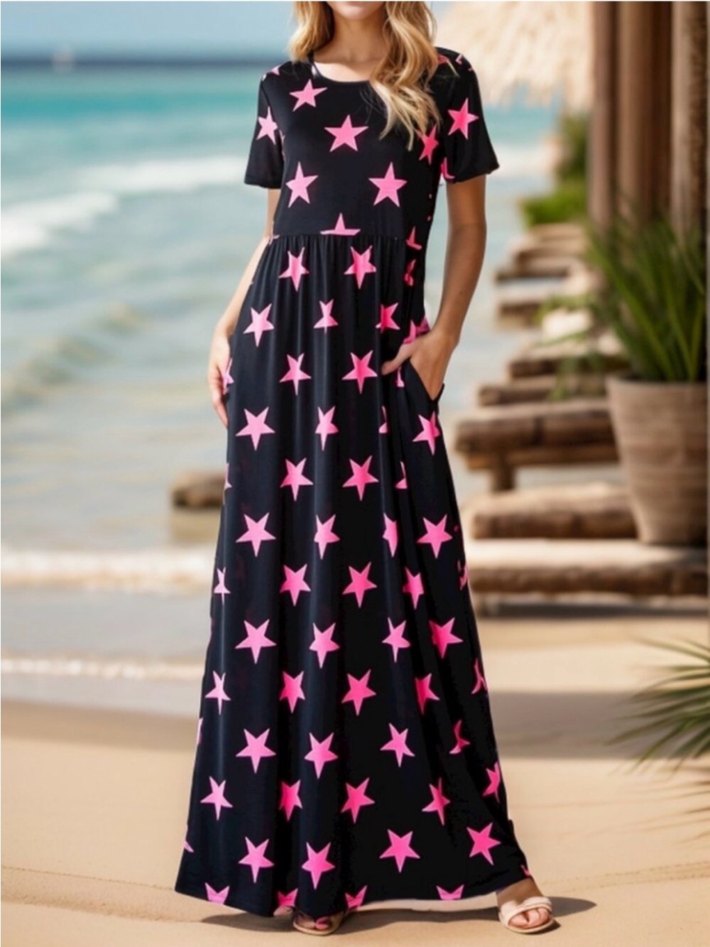 SHORT SLEEVE ROUND NECK PINK STAR PRINT MAXI BLACK DRESS NEW
